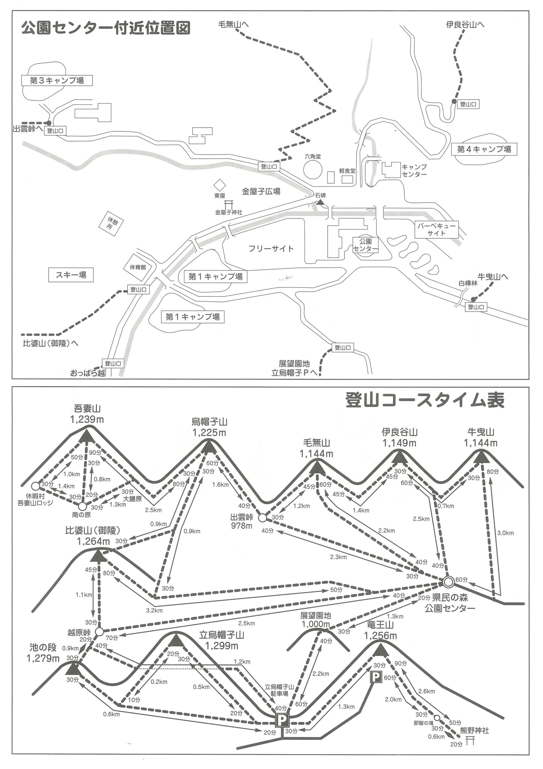 広島県立県民の森登山案内図 センター付近とコースタイム表